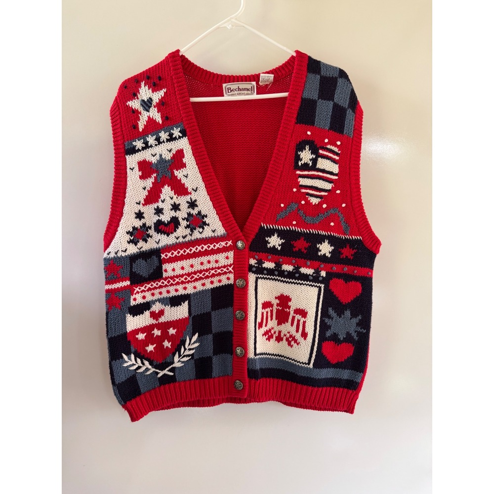 Vintage Bechamel Casual Patriotic Sweater Vest Red Stars Stripes Hearts Large